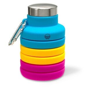 Free People X MAYIM OMBRÉ Collapsible Water Bottle in Blue, Yellow, and Pink